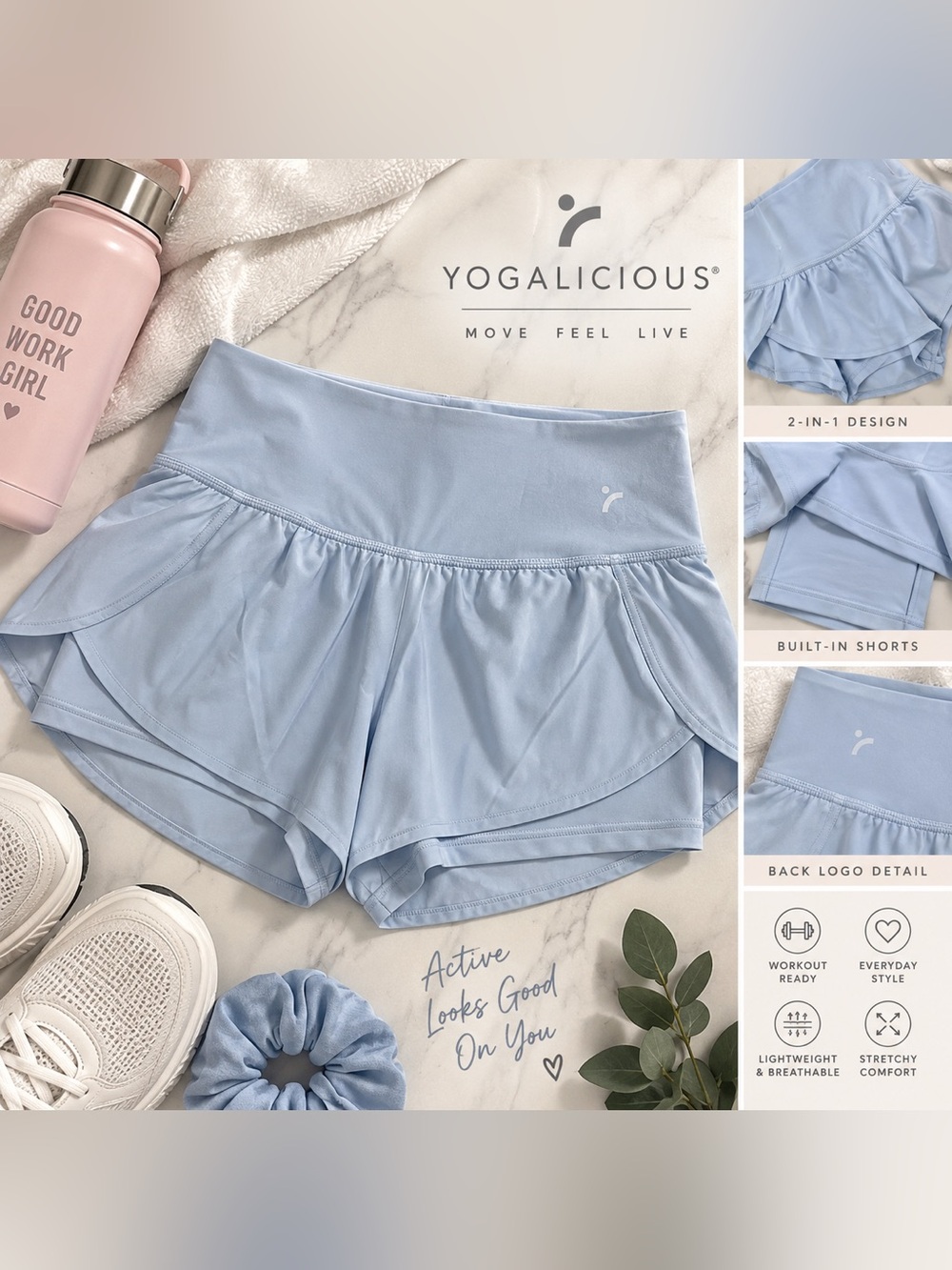 Yogalicious Light Blue 2-in-1 Flowy Athletic Shorts Size L